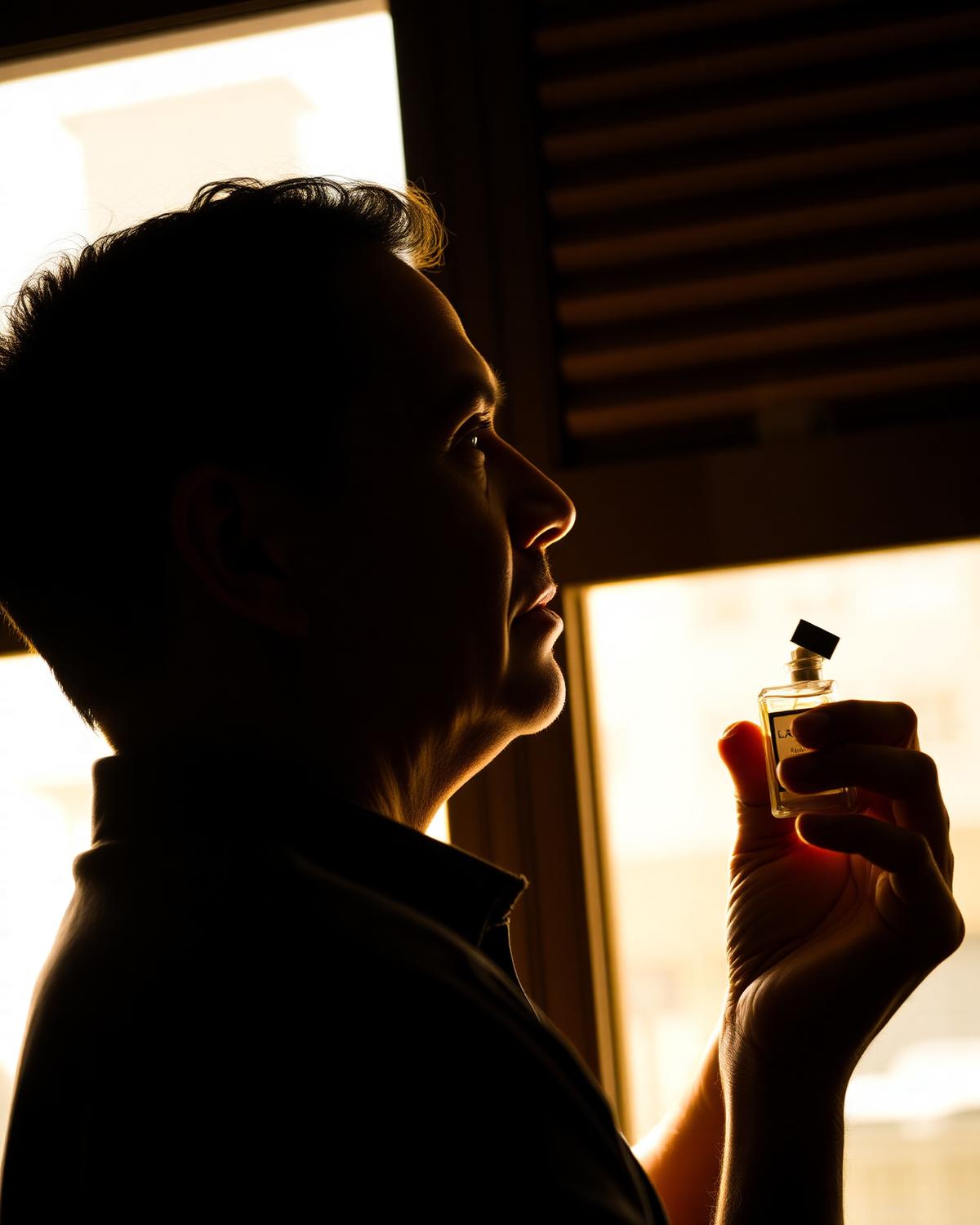 Founder Gonzalo Perez examining a fragrance bottle by window light